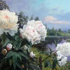 пейзаж с белыми пионами