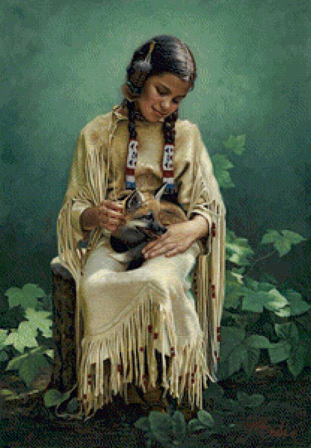 Индейская девочка с лисенком - девочка, животные, дети - предпросмотр