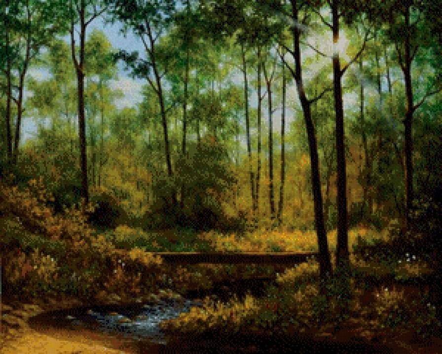 картина - природа, лес, пейзаж, речка, лето - предпросмотр