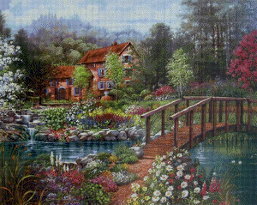 Серия "Пейзажи" - река, домик, мостик, лето, цветы, пейзаж - предпросмотр