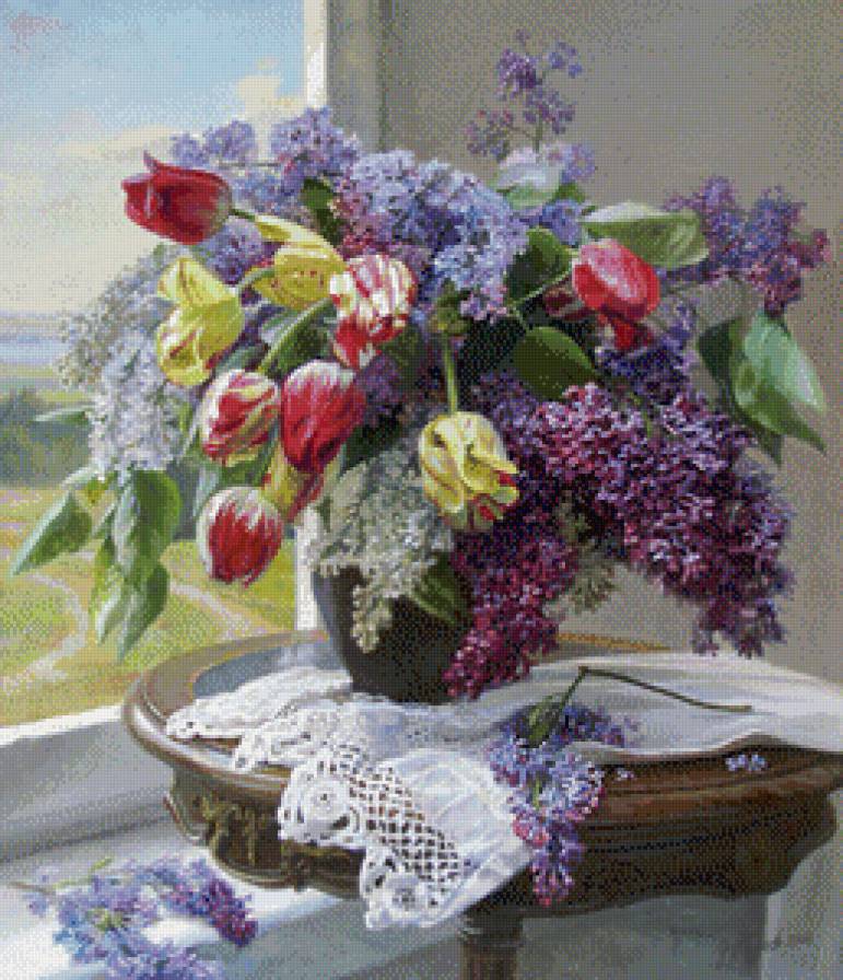 Букет на окне - сирень, тюльпаны, цветы - предпросмотр