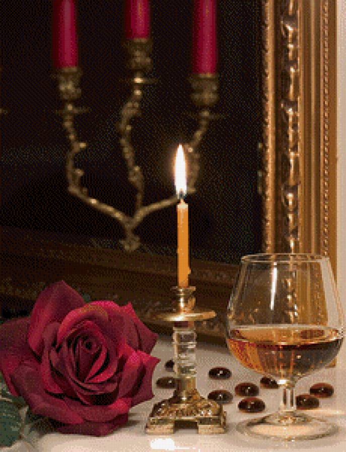 Натюрморт - вино, зеркало, цветок, роза, свеча, бокал - предпросмотр