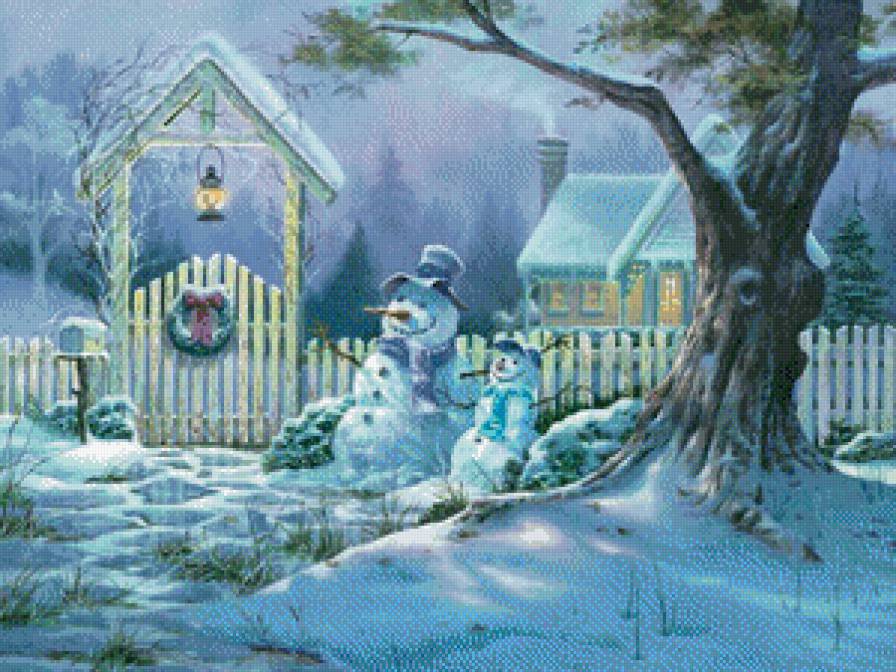 Весёлого Рождества - дом, рождество, зима, снеговики, венок - предпросмотр