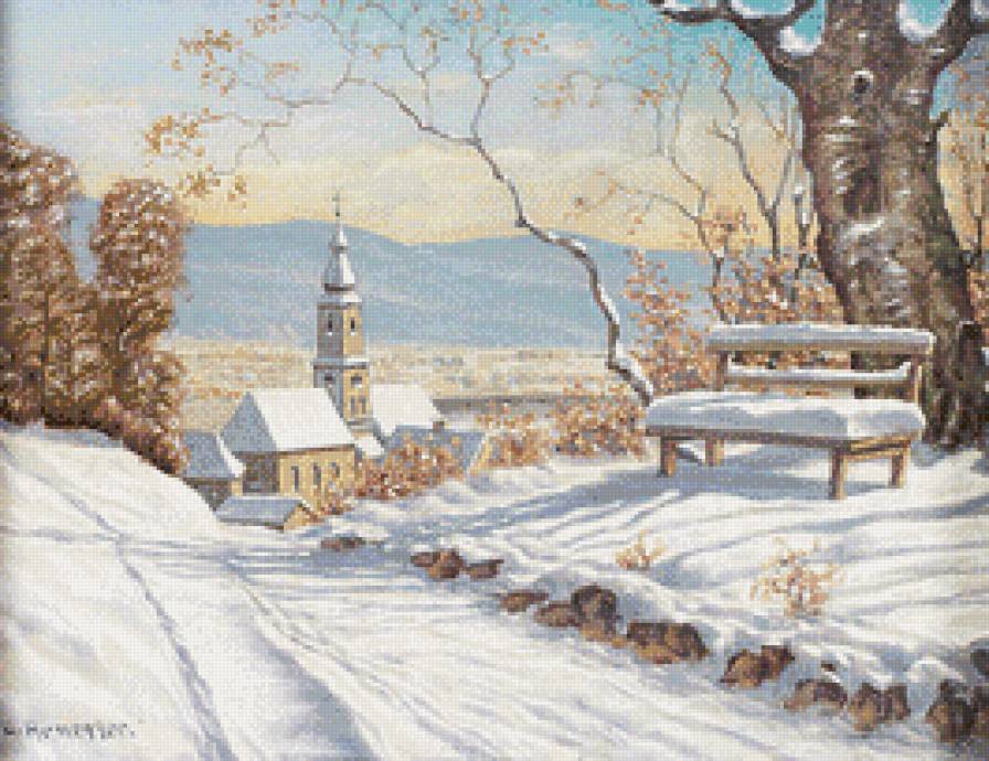 зимний пейзаж - зима, скамейка, церковь, деревня, пейзаж - предпросмотр