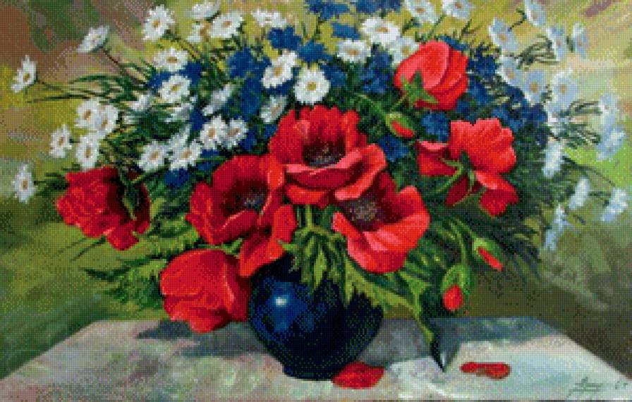 Летний букет - маки, васильки, ромашки - предпросмотр