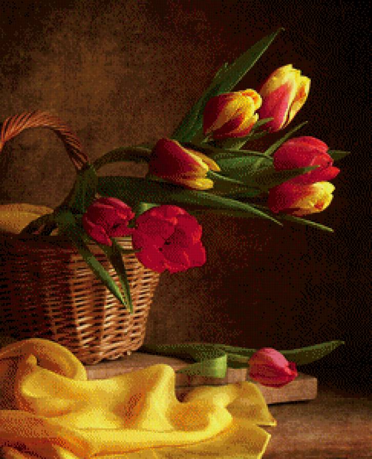 Корзина с тюльпанами - тюльпаны, натюрморт - предпросмотр