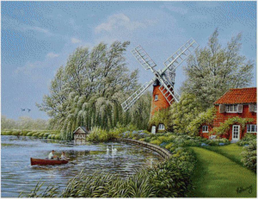 летний пейзаж - лето, дом, природа, деревья, вода - предпросмотр