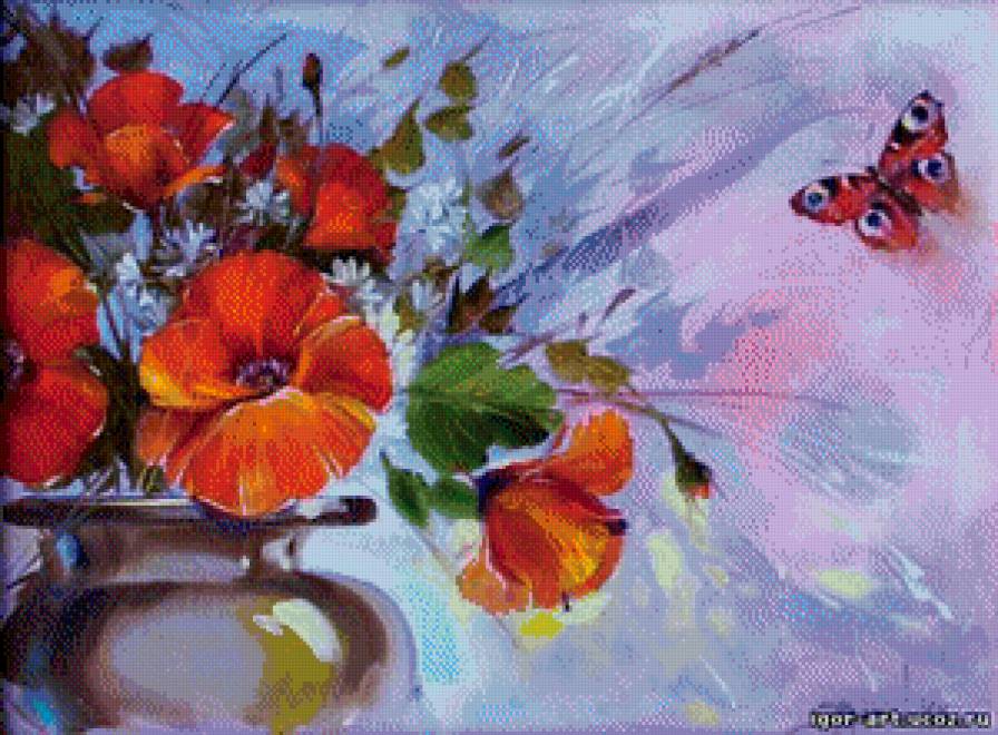 Бабочка над маками - бабочка, цветы, маки - предпросмотр