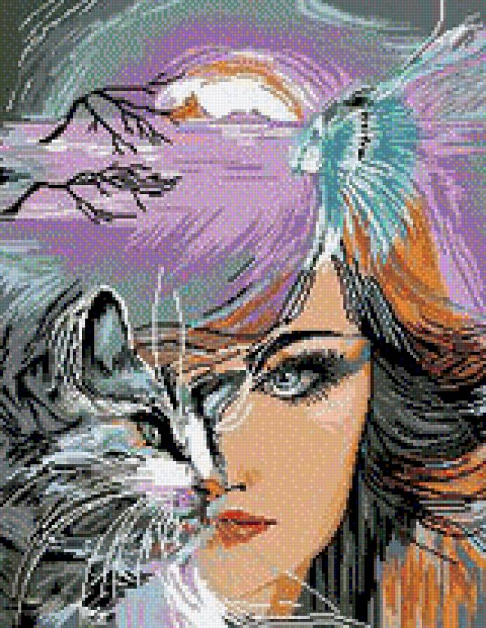 алегория - красота женщины.девушка, фэнтези, картины, кошка, картина, женщины - предпросмотр