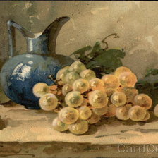 Golden Grapes beside Blue Pitcher