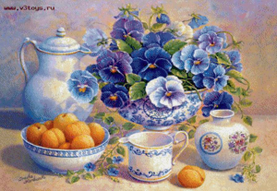 Натюрморт - цветы, фрукты, букет - предпросмотр