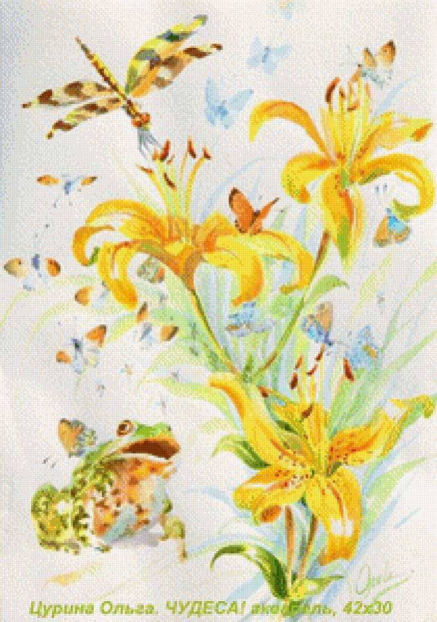 Красота О. Цурина - лилии, лето, лягушка, цветы, акварель, бабочки - предпросмотр