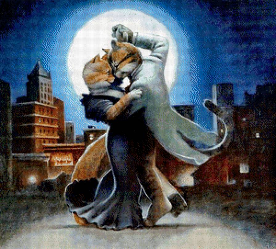 кошачья романтика - луна, сказка, город, кот, кошка, любовь, пара, танец - предпросмотр