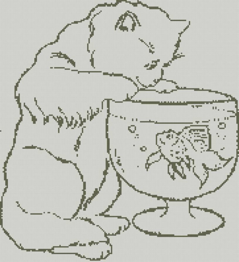 Котик с рыбкой - животные, монохром, коты - предпросмотр