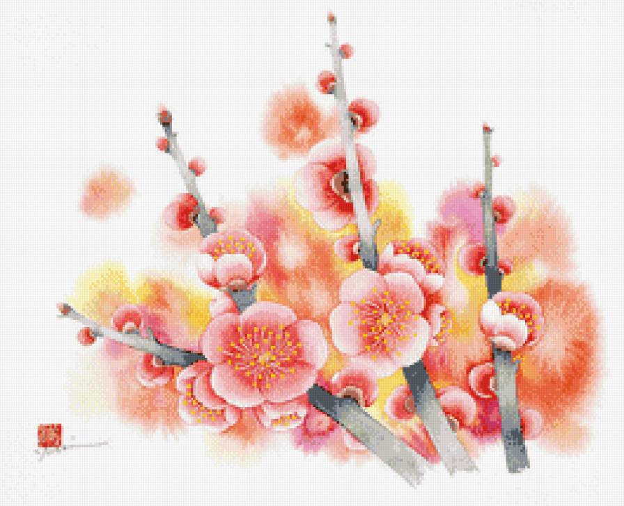 Японская цветочная акварель - цветы, азия, восток - предпросмотр