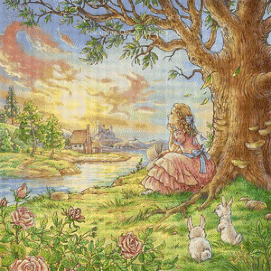 Серия "Пейзажи" - животные, дети, пейзаж, домик, кролики, река, девочка - предпросмотр