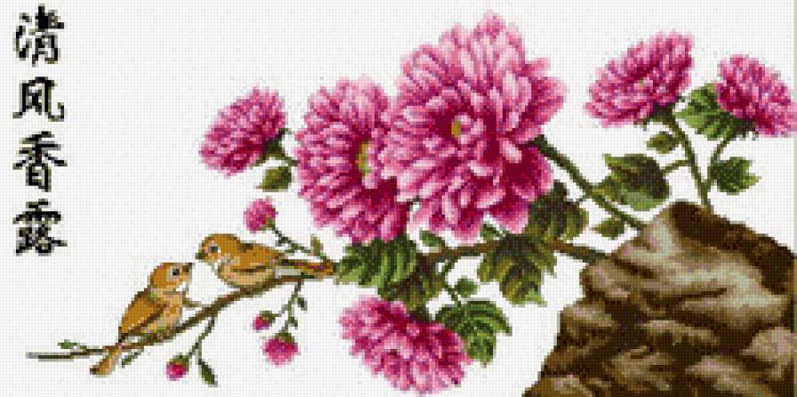 Хризантемы с птицами - азия, восток, цветы - предпросмотр