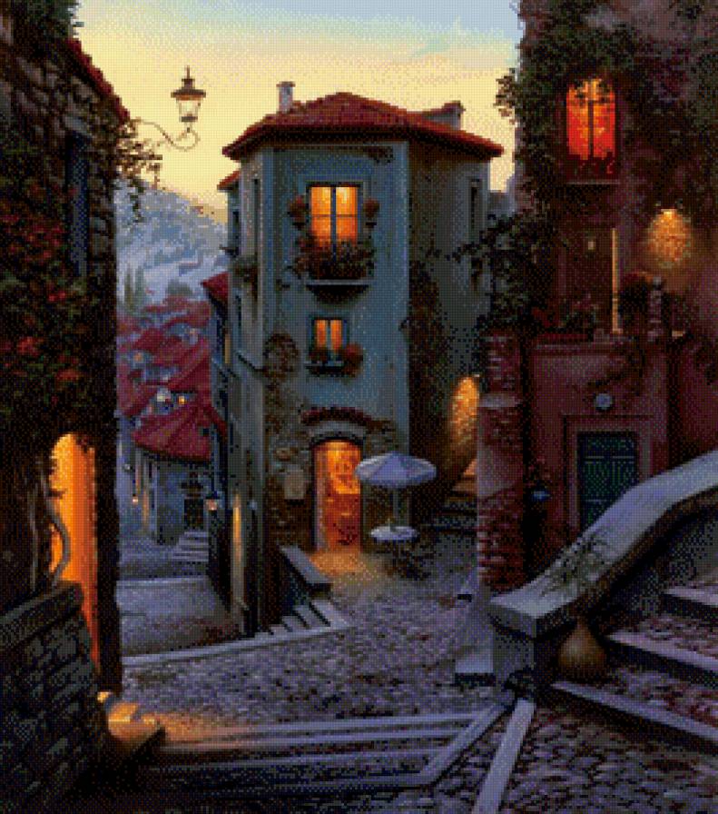 вечер - лестница, улица, фонарь, дом, картина, живопись, город - предпросмотр