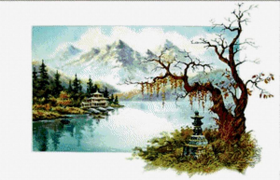 восток - лес, картина, дерево, пагода, природа, живопись - предпросмотр