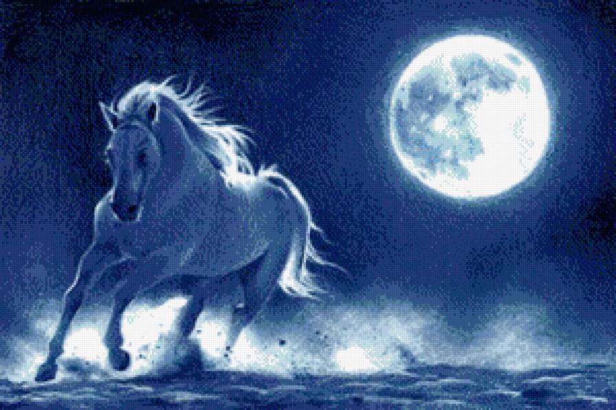 ночь - живопись, животное, конь, лошадь, луна, картина - предпросмотр