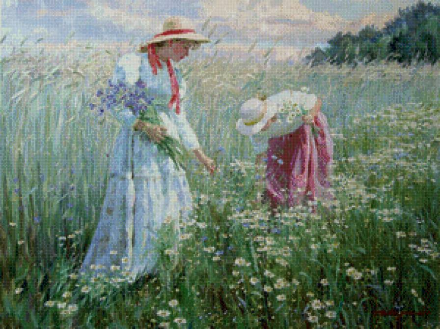 На лугу - пейзаж, лето, девушки - предпросмотр