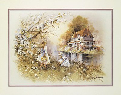 Серия "Пейзажи" - дети, домик, река, пейзаж, девочки - оригинал