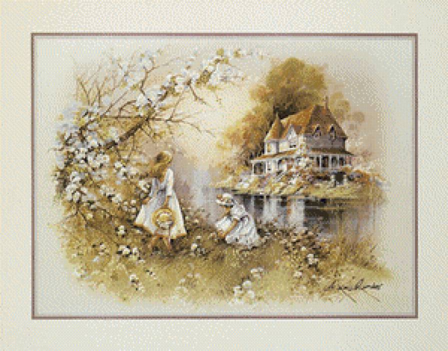 Серия "Пейзажи" - девочки, дети, домик, пейзаж, река - предпросмотр