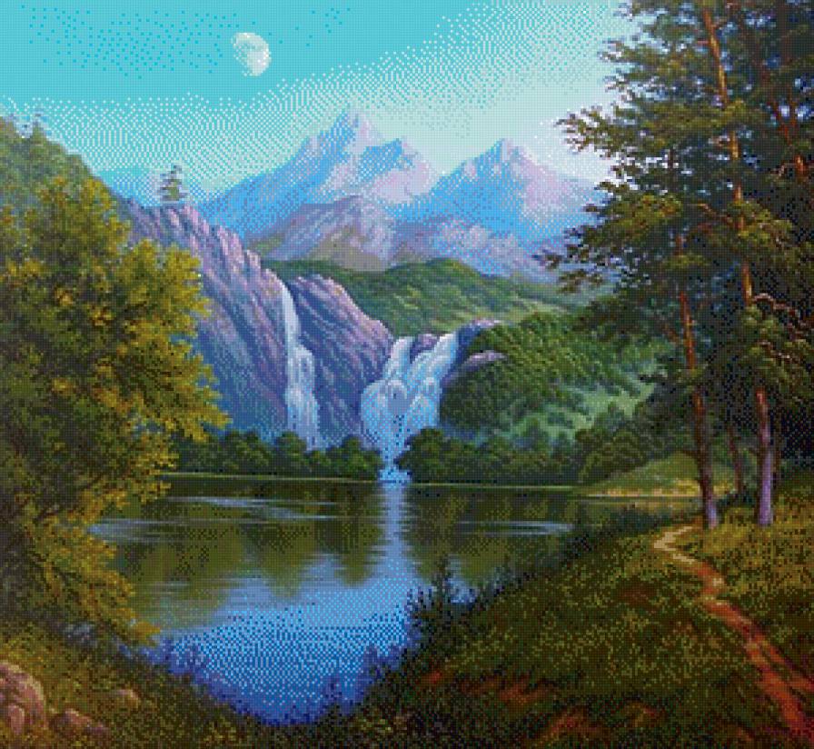 Горное озеро - пейзаж, горы, озеро, водопад - предпросмотр