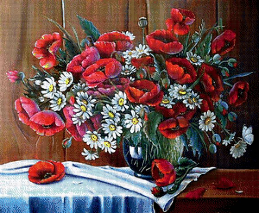 Полевые цветы - маки, цветы, ромашки, букет - предпросмотр