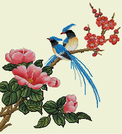 птицы на ветке - ветка, птицы, цветы - оригинал