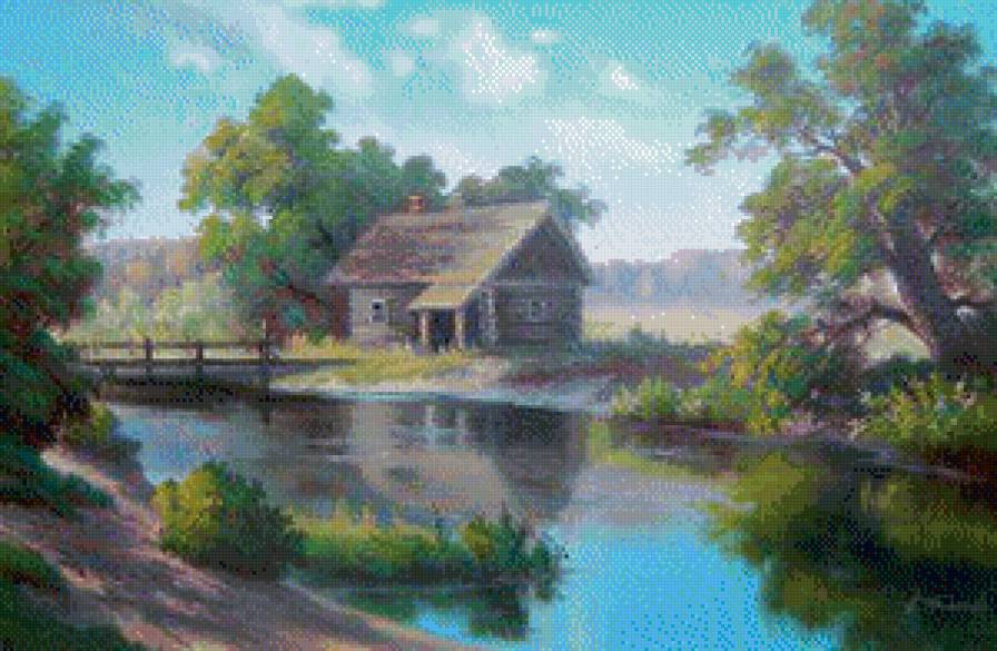 Хижина в лесу - пейзаж, озеро, лето, лес - предпросмотр