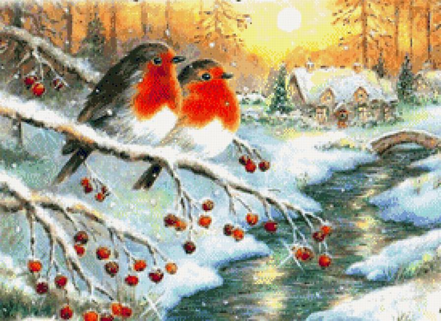 Снегири - рождество, зима, домик, лес, снегири, снегирь, снег, домики - предпросмотр