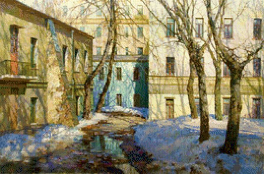 дворик - двор, картина, весна, улица - предпросмотр