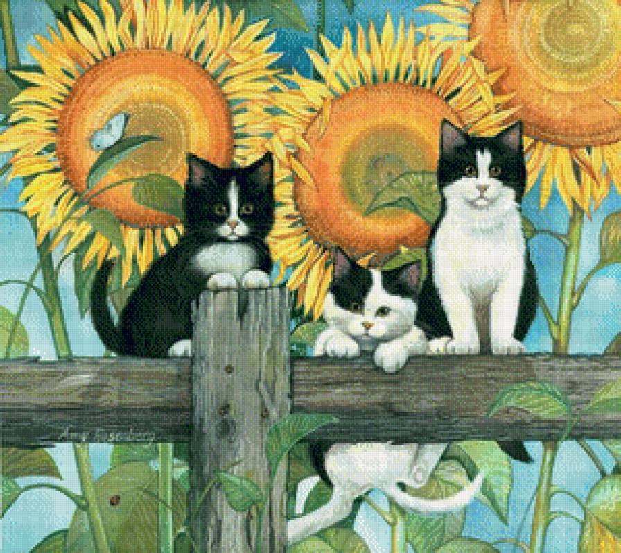 в саду - подсолнухи, котята - предпросмотр