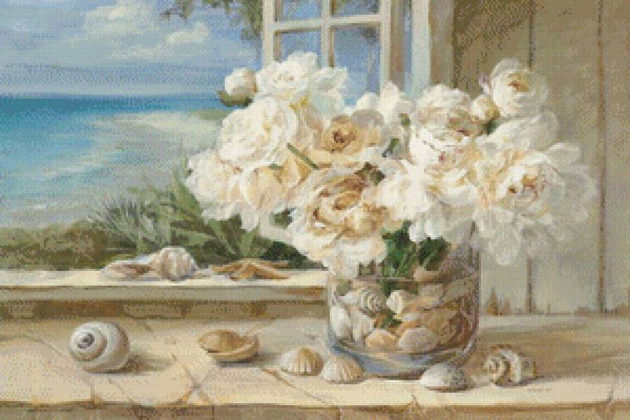 Вид на море - цветы, море, букет - предпросмотр