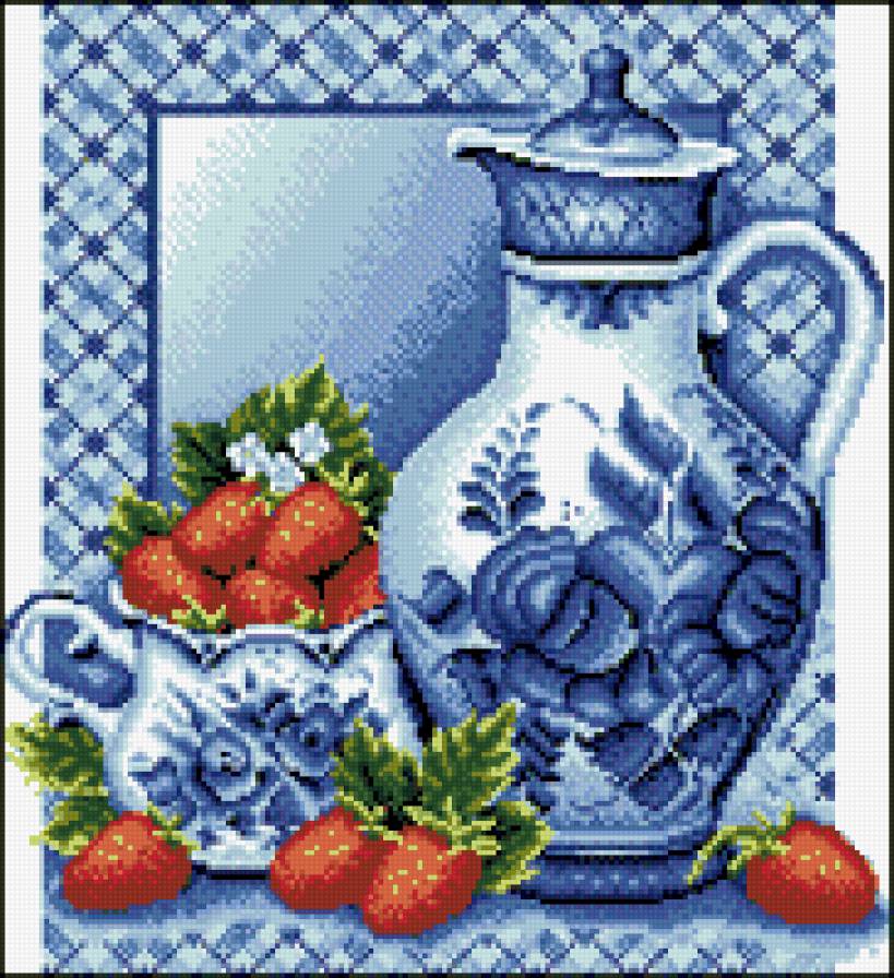 натюрморт роскошь гжели 2 клубника со сливками - натюрморт, картины, картина, фрукты - предпросмотр