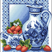Схема вышивки «натюрморт роскошь гжели 2 клубника со сливками»