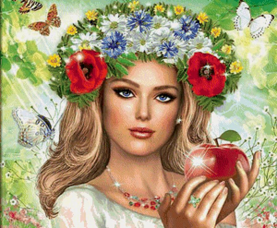 №468849 - весна, венок, девушка, яблоки - предпросмотр