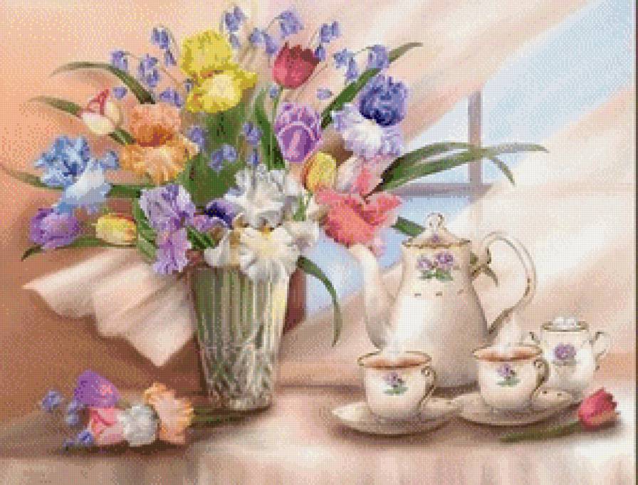 цветы к чаю - цветы, букет, чай, натюрморт, окно - предпросмотр