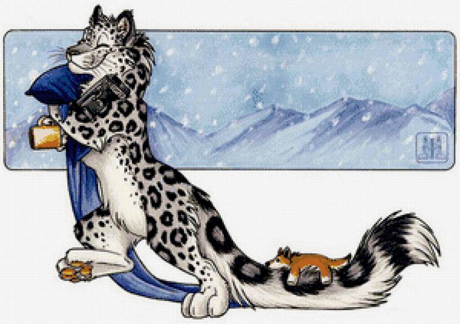 люблю зиму! - живопись, барс, окно, снег, зима, одеяло, хищник, игрушка - предпросмотр