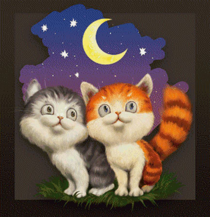 кошачья семья - кот, пара, любовь, луна, кошка, сказка - предпросмотр