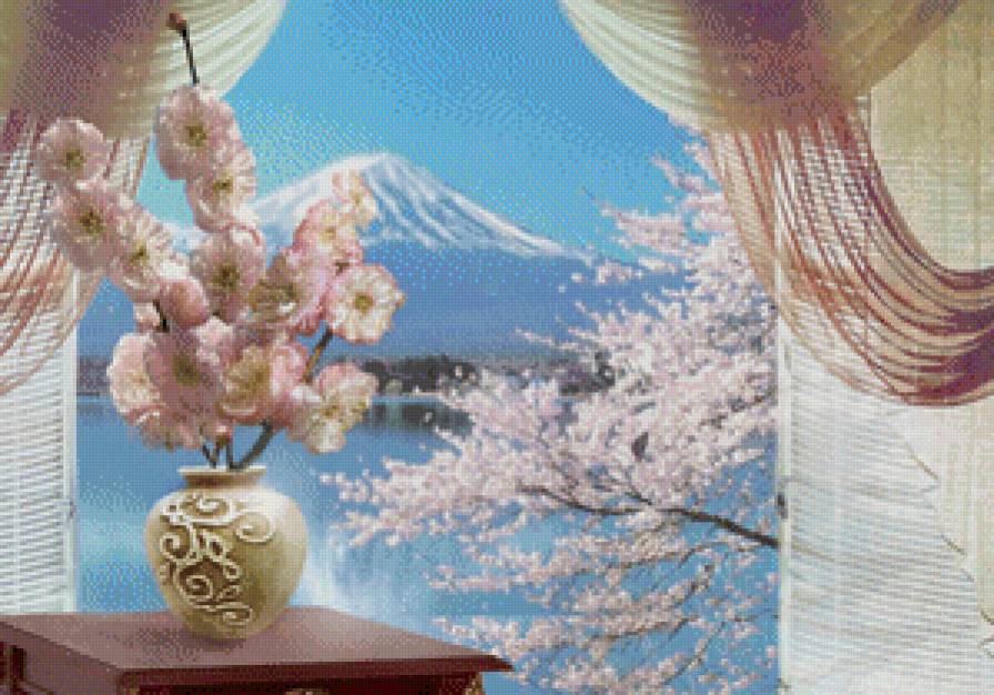 Натюрморт с сакурой - фудзияма, натюрморт, цветы, азия, восток - предпросмотр