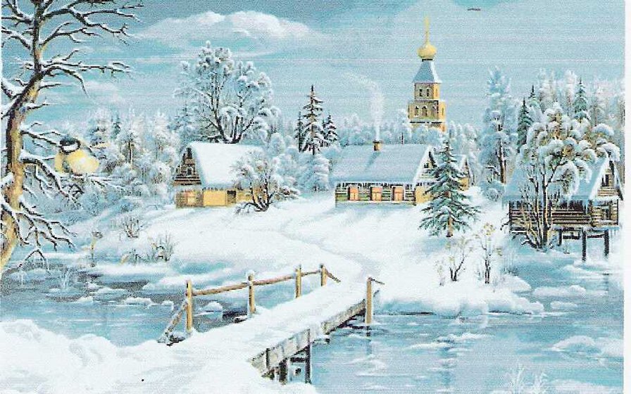 мост над рекой - пейзаж, зима, картина - оригинал