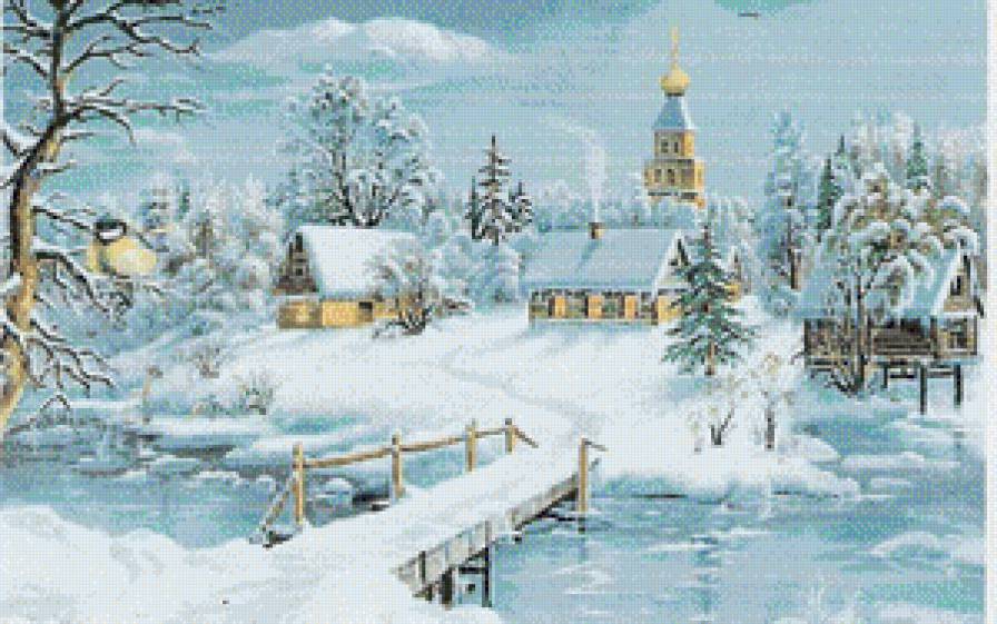 мост над рекой - зима, пейзаж, картина - предпросмотр