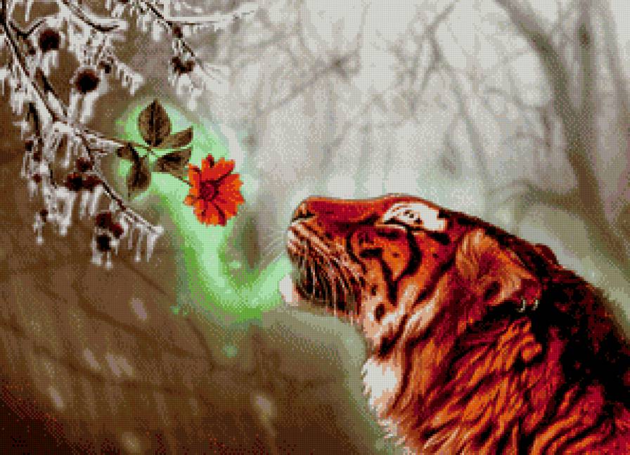 думай о хорошем,только о хорошем... - гербера, цветок, хищник, фэнтези, тигр, живопись, зима - предпросмотр