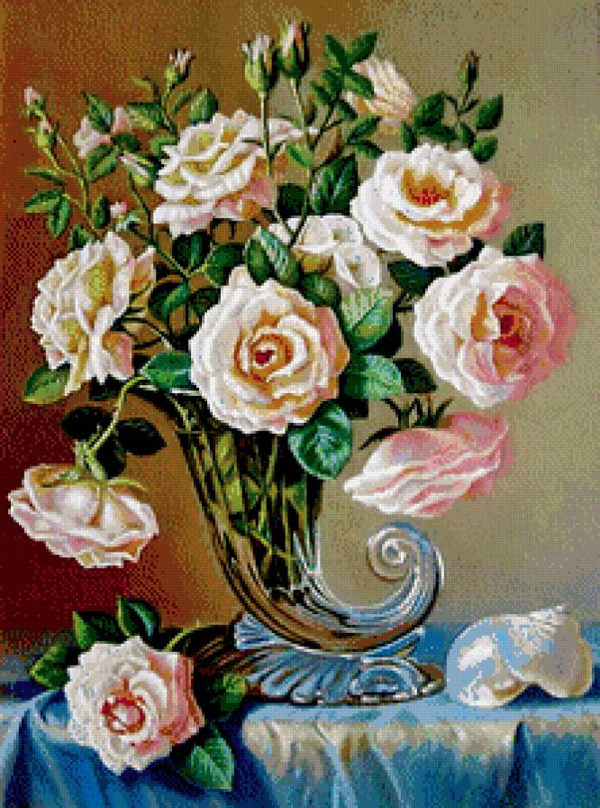 картина - живопись, ваза, ракушка, цветы, роза, розы - предпросмотр