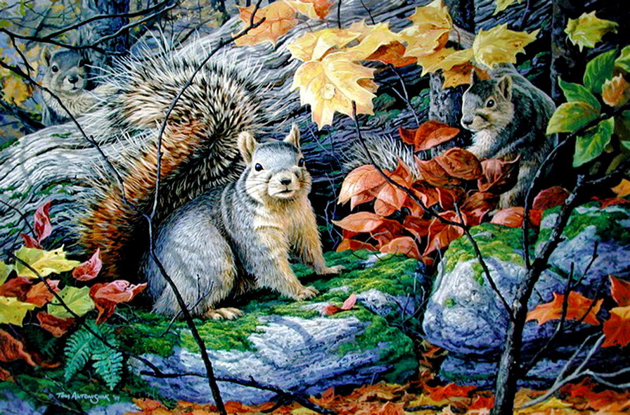 белочки в парке - листья, белка, животное, живопись, лес, деревья, осень - оригинал
