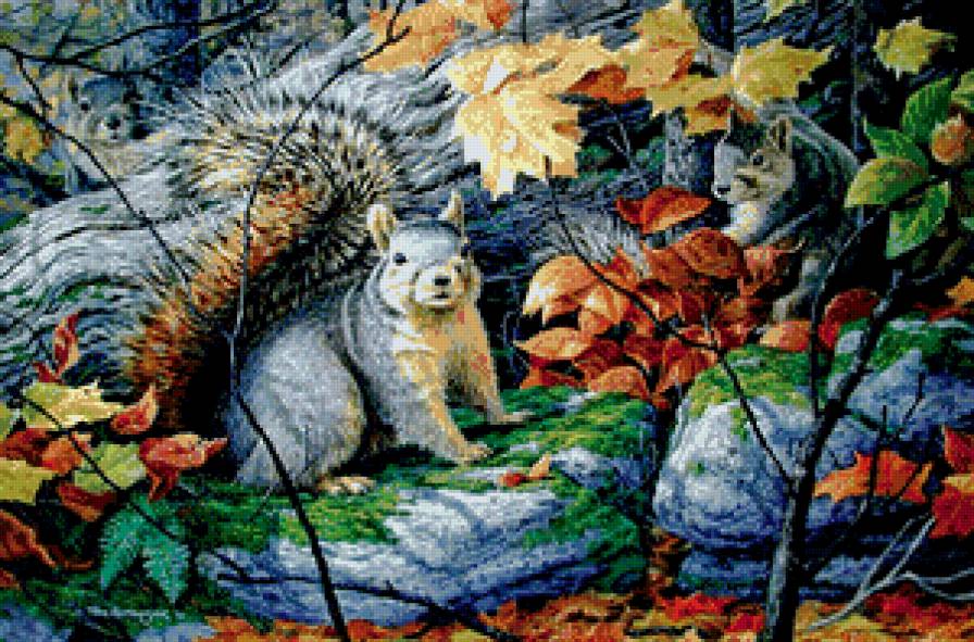 белочки в парке - листья, живопись, белка, деревья, осень, лес, животное - предпросмотр