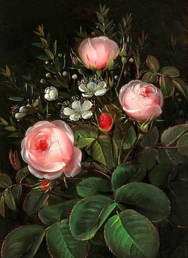 старинная картина - живопись, розы, куст, цветы, роза - оригинал