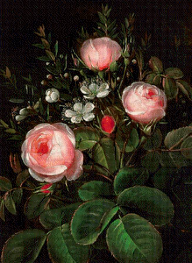старинная картина - живопись, роза, куст, розы, цветы - предпросмотр